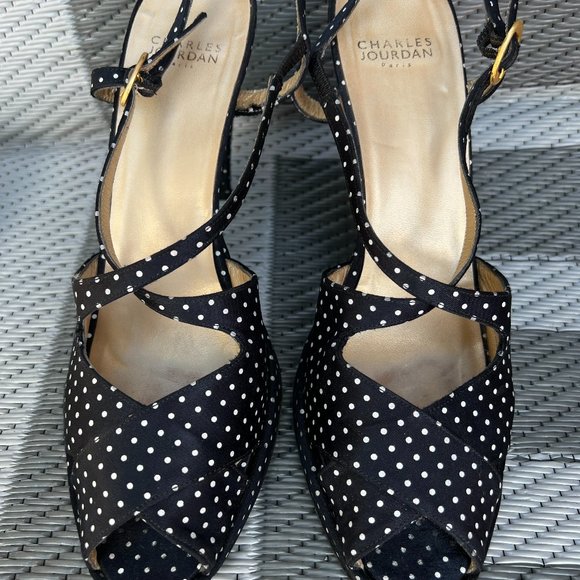 Charles Jourdan Polka Dot Platform Heel Peep Toe Sandals Black Size 10 - Picture 3 of 11